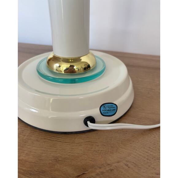 1980s Art Deco Revival Table Lamp White, Brass & Glass Accent - Picture 6 of 10